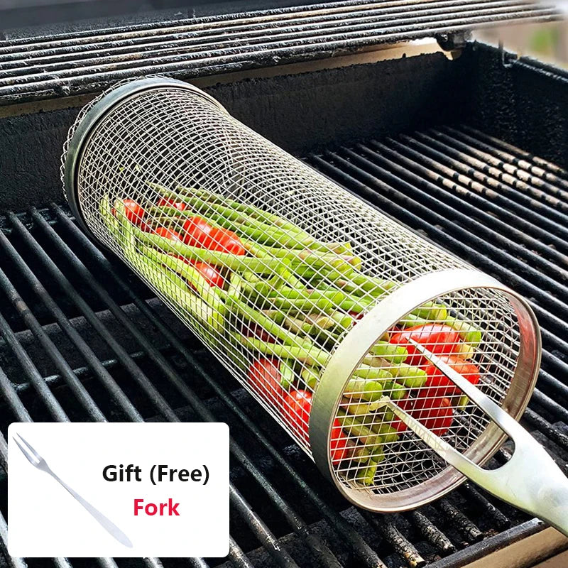 Rolling BBQ Grilling Basket Round Stainless Steel Grill Mesh