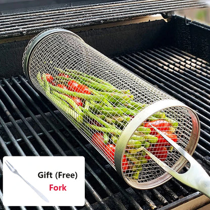 Rolling BBQ Grilling Basket Round Stainless Steel Grill Mesh