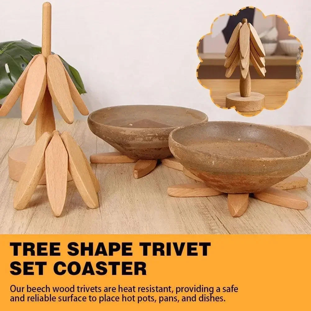 4PCS Wooden Trivets for Hot Dishes Folding Tree Shape Black Walnut Table Mat Holders Heat Insulated Pad Set Coasters for Pots