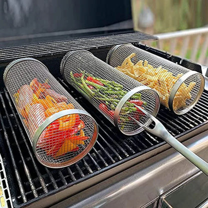 Rolling BBQ Grilling Basket Round Stainless Steel Grill Mesh