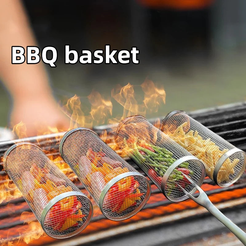 Rolling BBQ Grilling Basket Round Stainless Steel Grill Mesh