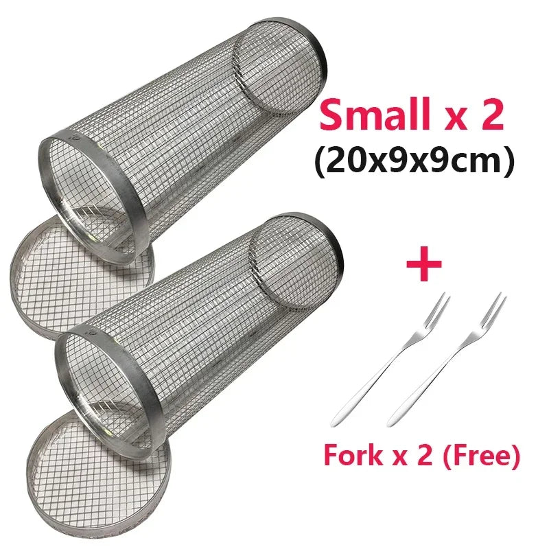 Rolling BBQ Grilling Basket Round Stainless Steel Grill Mesh