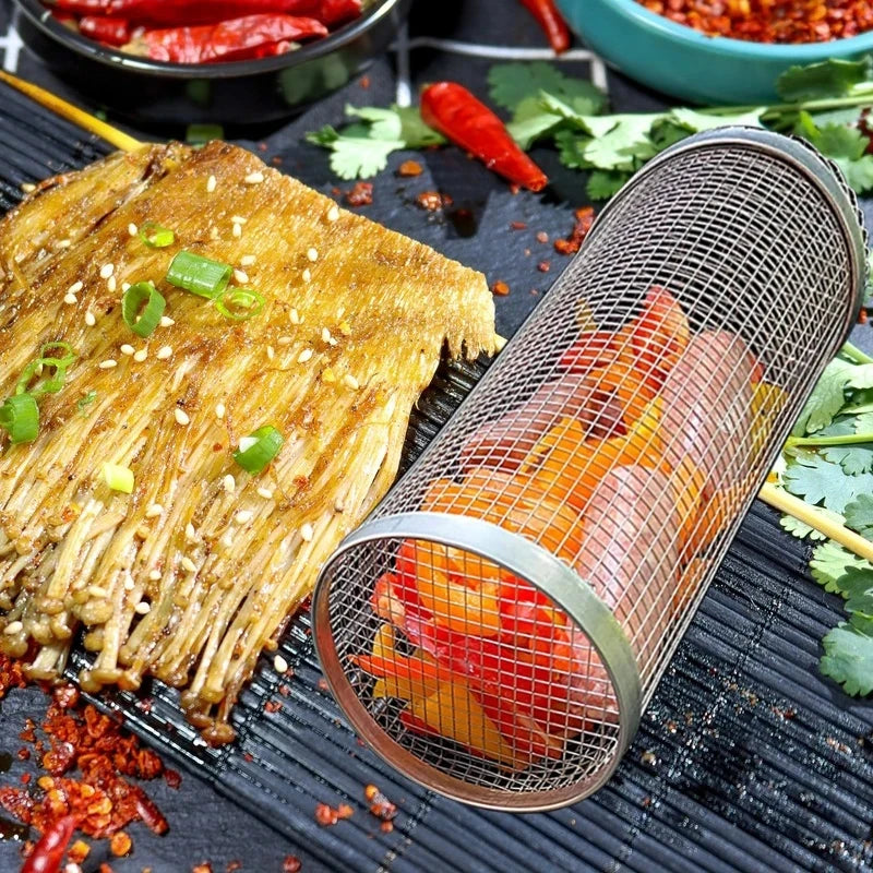 Rolling BBQ Grilling Basket Round Stainless Steel Grill Mesh