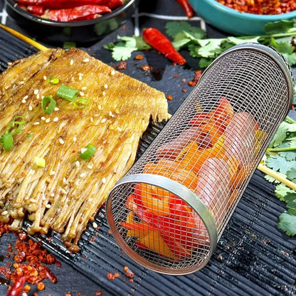 Rolling BBQ Grilling Basket Round Stainless Steel Grill Mesh