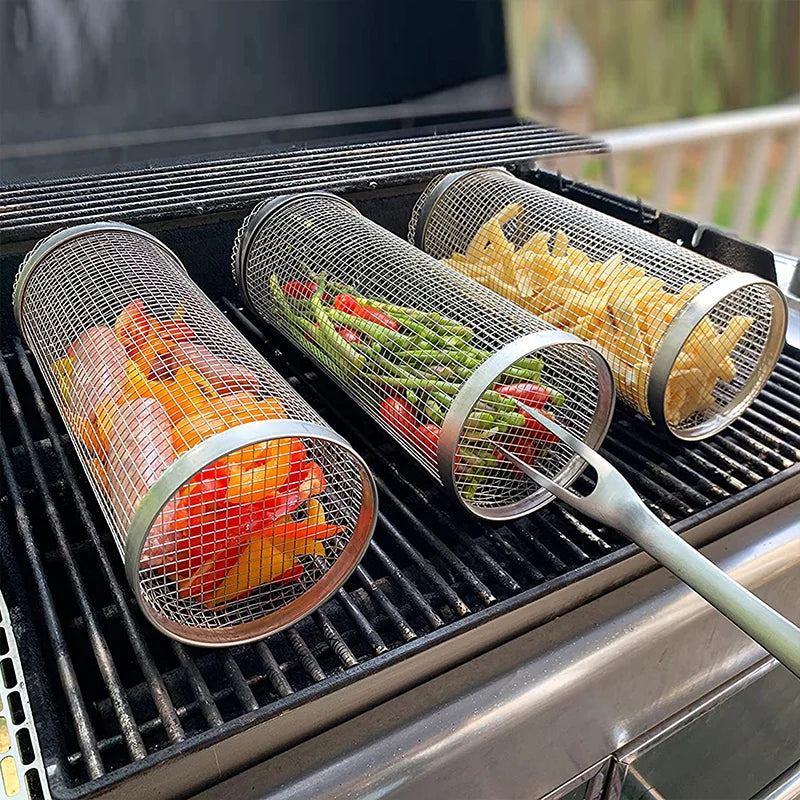 Rolling BBQ Grilling Basket Round Stainless Steel Grill Mesh