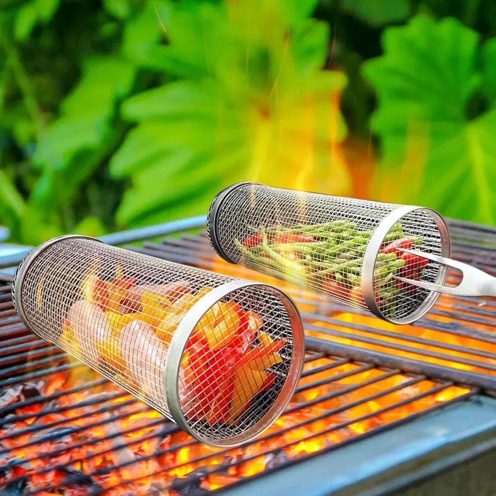 Rolling BBQ Grilling Basket Round Stainless Steel Grill Mesh