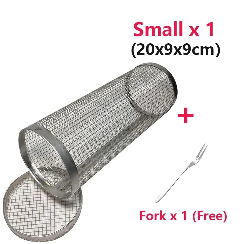 Rolling BBQ Grilling Basket Round Stainless Steel Grill Mesh