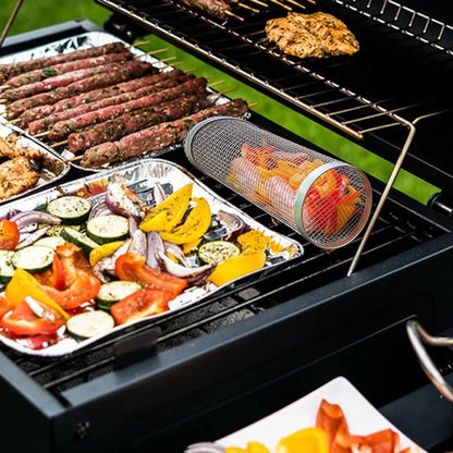 Rolling BBQ Grilling Basket Round Stainless Steel Grill Mesh