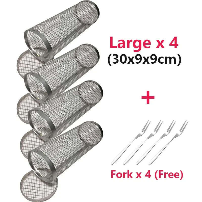 Rolling BBQ Grilling Basket Round Stainless Steel Grill Mesh