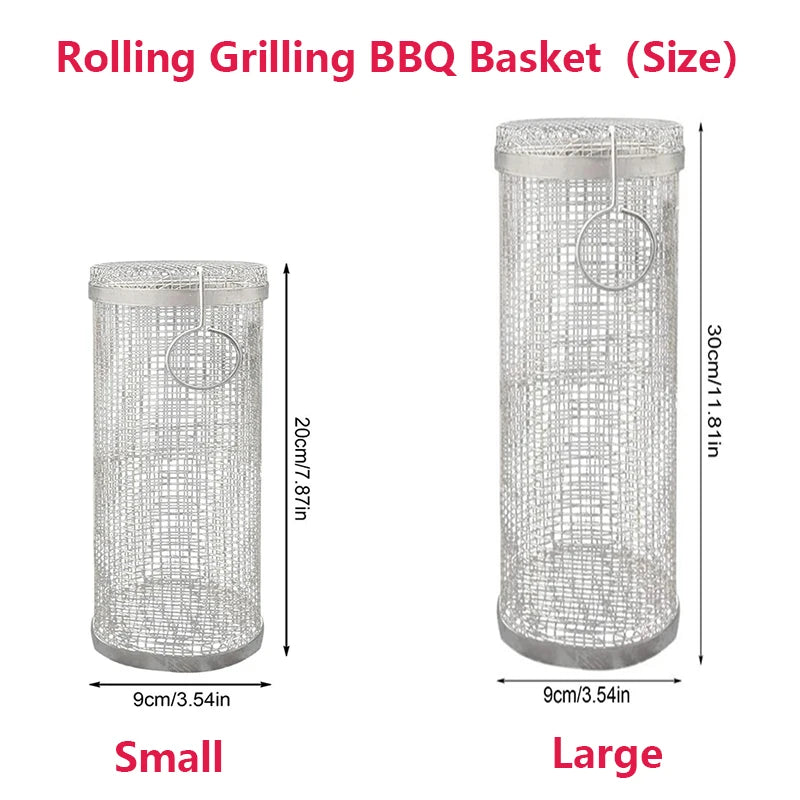 Rolling BBQ Grilling Basket Round Stainless Steel Grill Mesh