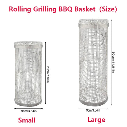 Rolling BBQ Grilling Basket Round Stainless Steel Grill Mesh