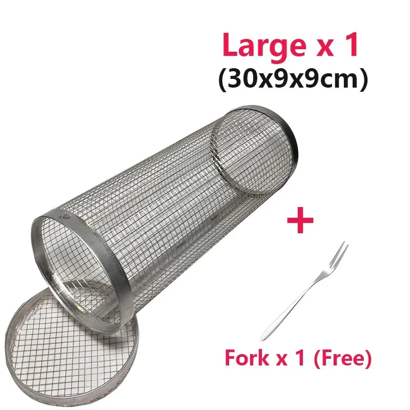 Rolling BBQ Grilling Basket Round Stainless Steel Grill Mesh