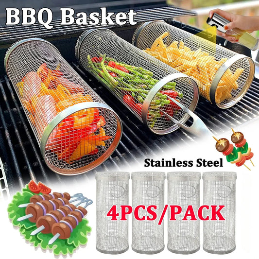 Rolling BBQ Grilling Basket Round Stainless Steel Grill Mesh