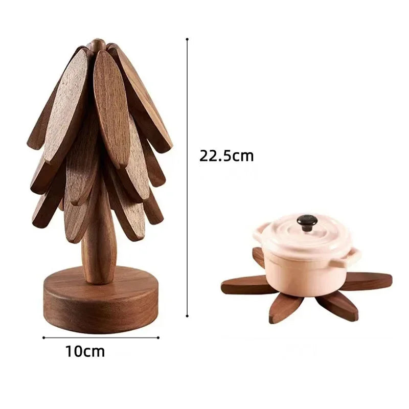 4PCS Wooden Trivets for Hot Dishes Folding Tree Shape Black Walnut Table Mat Holders Heat Insulated Pad Set Coasters for Pots